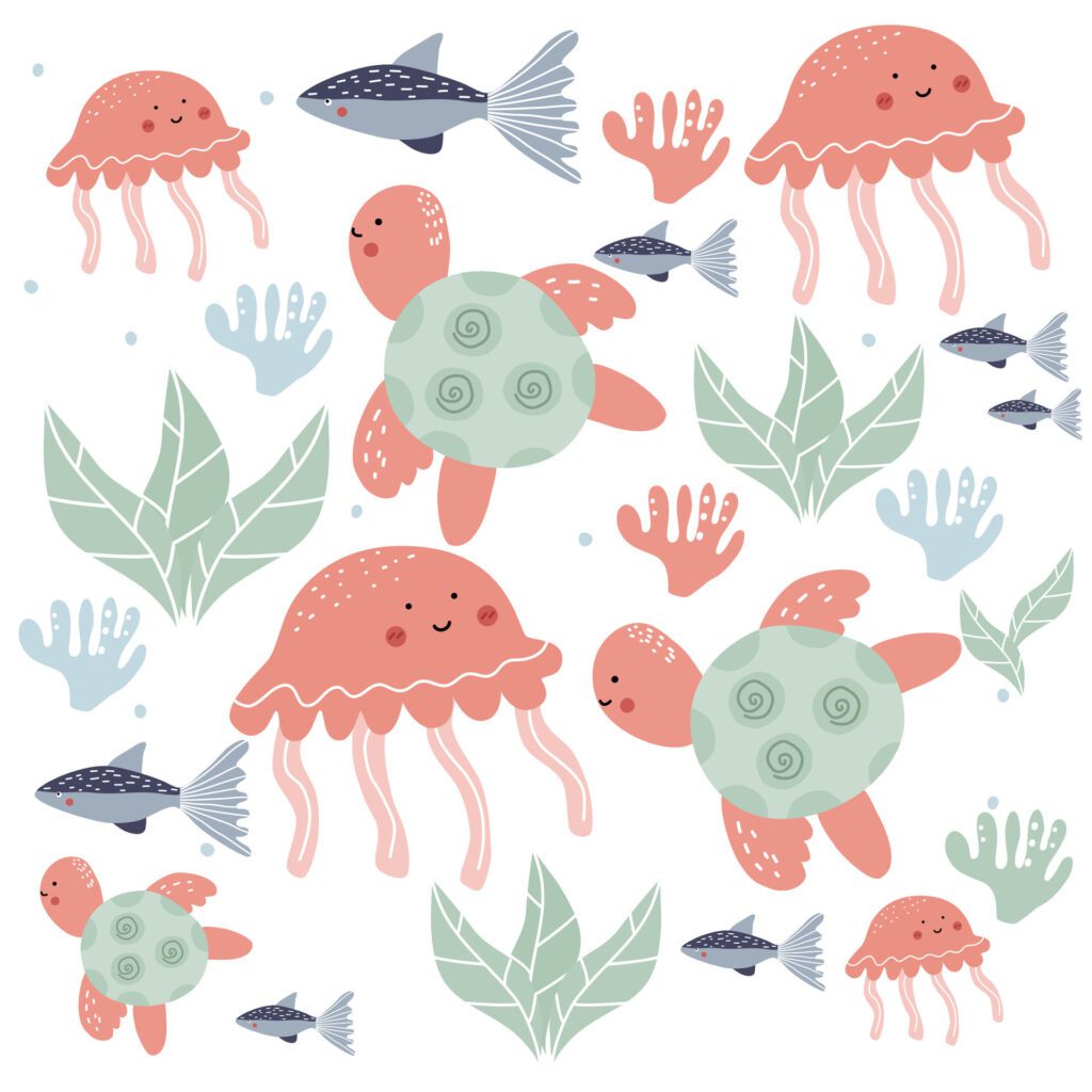 Cute underwater animal pattern. Cute pastel of fish octopus and sea turtle. Underwater background. Pattern for Kids Free Vector