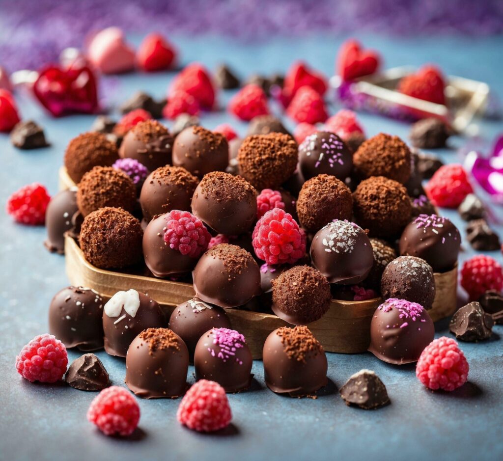 Chocolate truffles with raspberries and blueberries on a blue background Free Photo