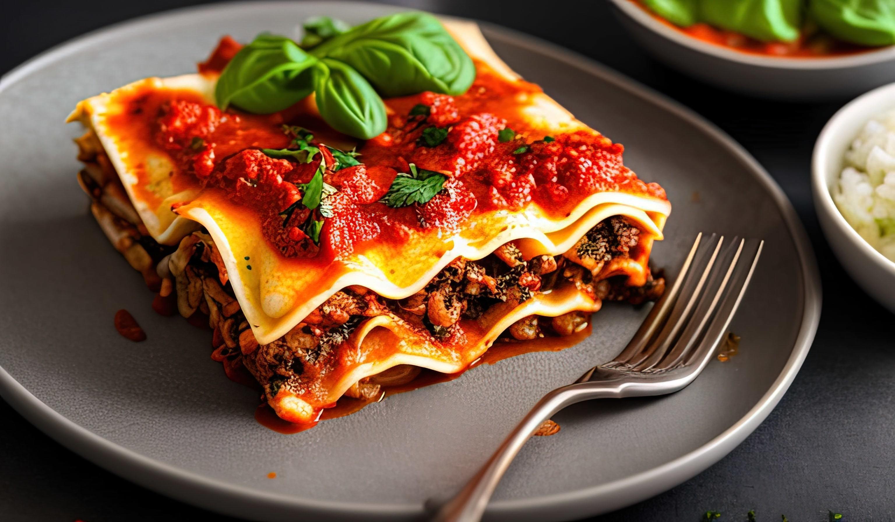 professional food photography close up of a Plate of lasagna on a dark gray background Stock Free