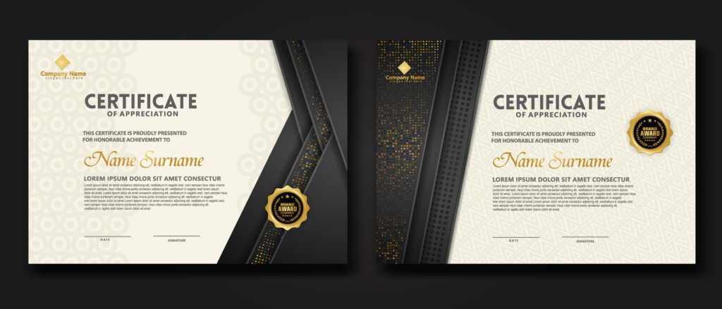 Luxury certificate template with glitter effect dan lines gold shine on frame background Free Vector