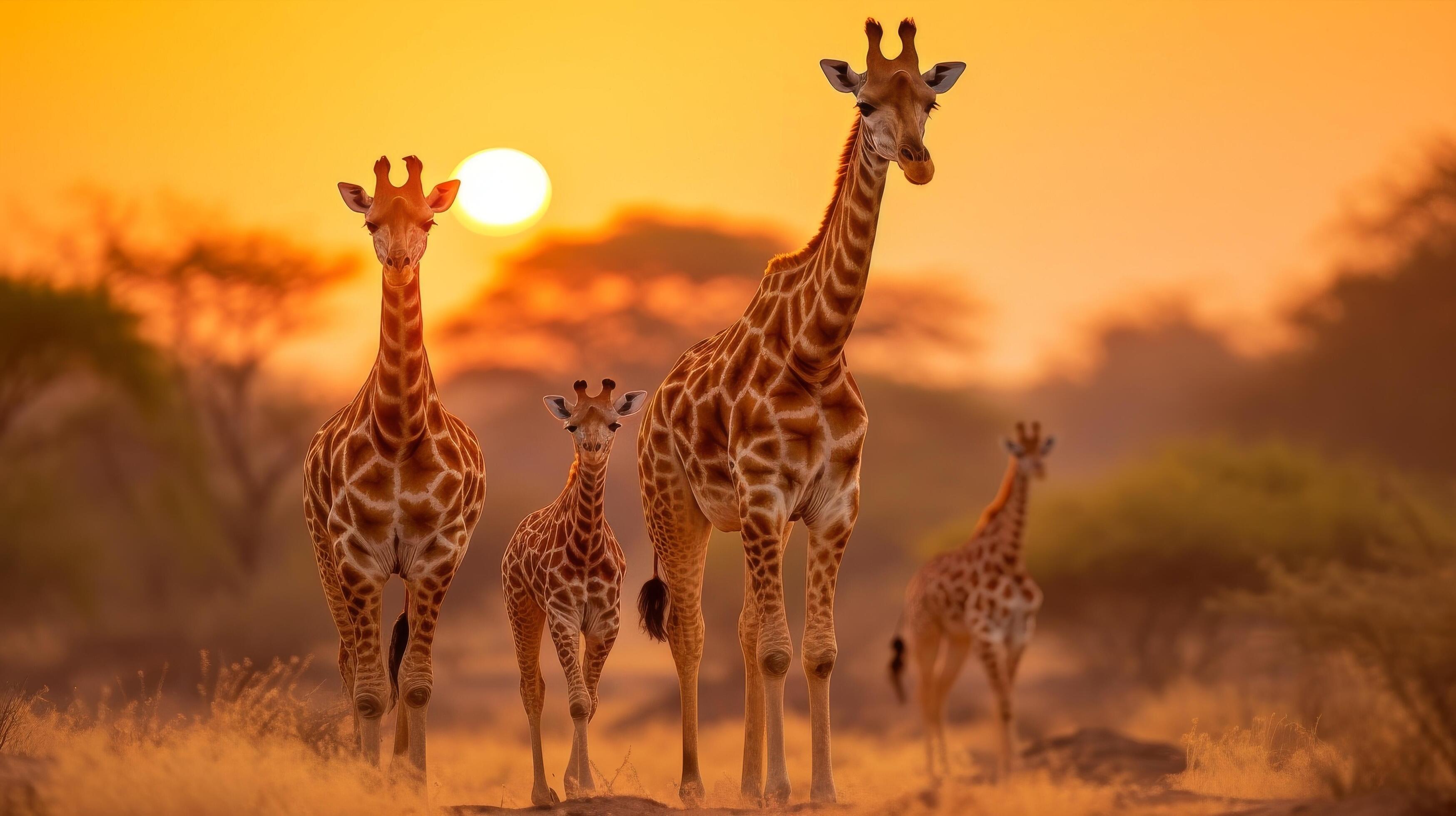 AI generated Giraffe family at sunset in natural habitat Stock Free