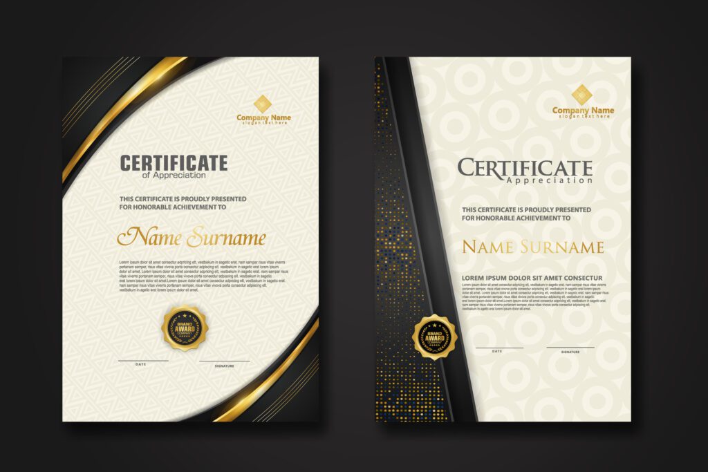 Luxury certificate template with glitter effect dan lines gold shine on frame background Free Vector