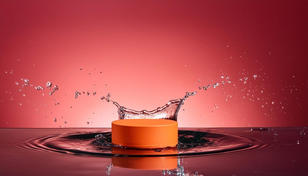 empty orange podium mockup with water splash on a gradient background for product display Stock Free