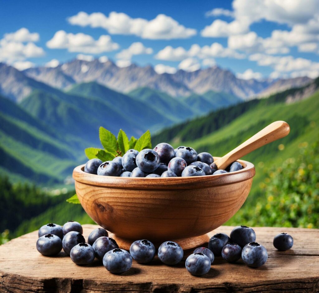 Blueberries in a wooden bowl on a background of mountains and blue sky Free Photo