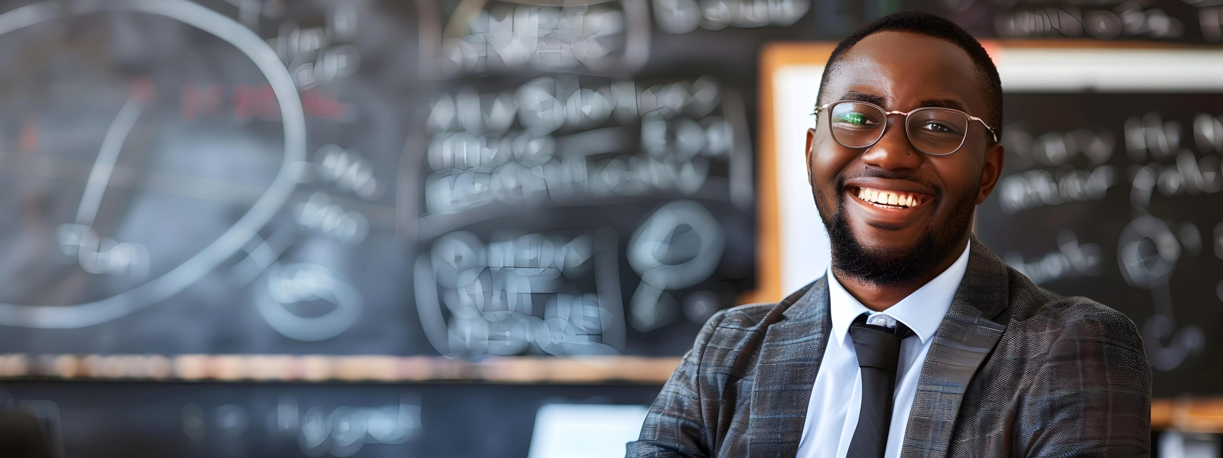 Confident African American Educator Stands Before Chalkboard in Classroom Stock Free