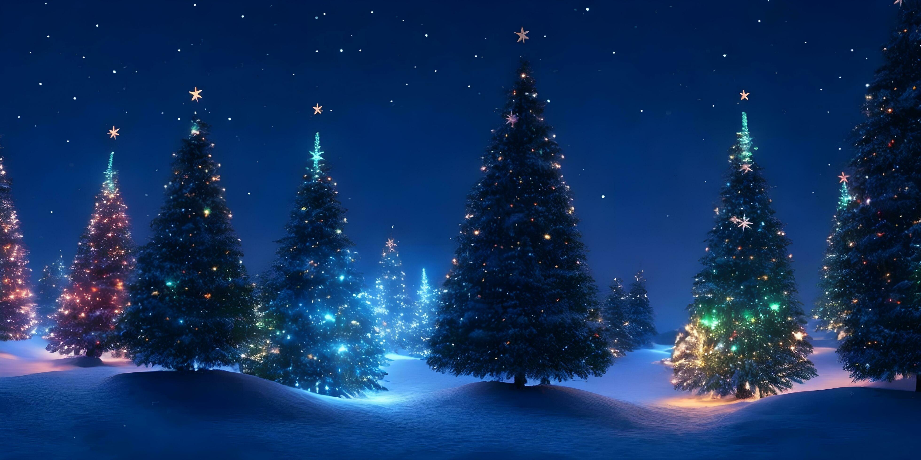 Glowing Christmas trees as panorama background. Glowing Christmas trees background. AI Generative Stock Free