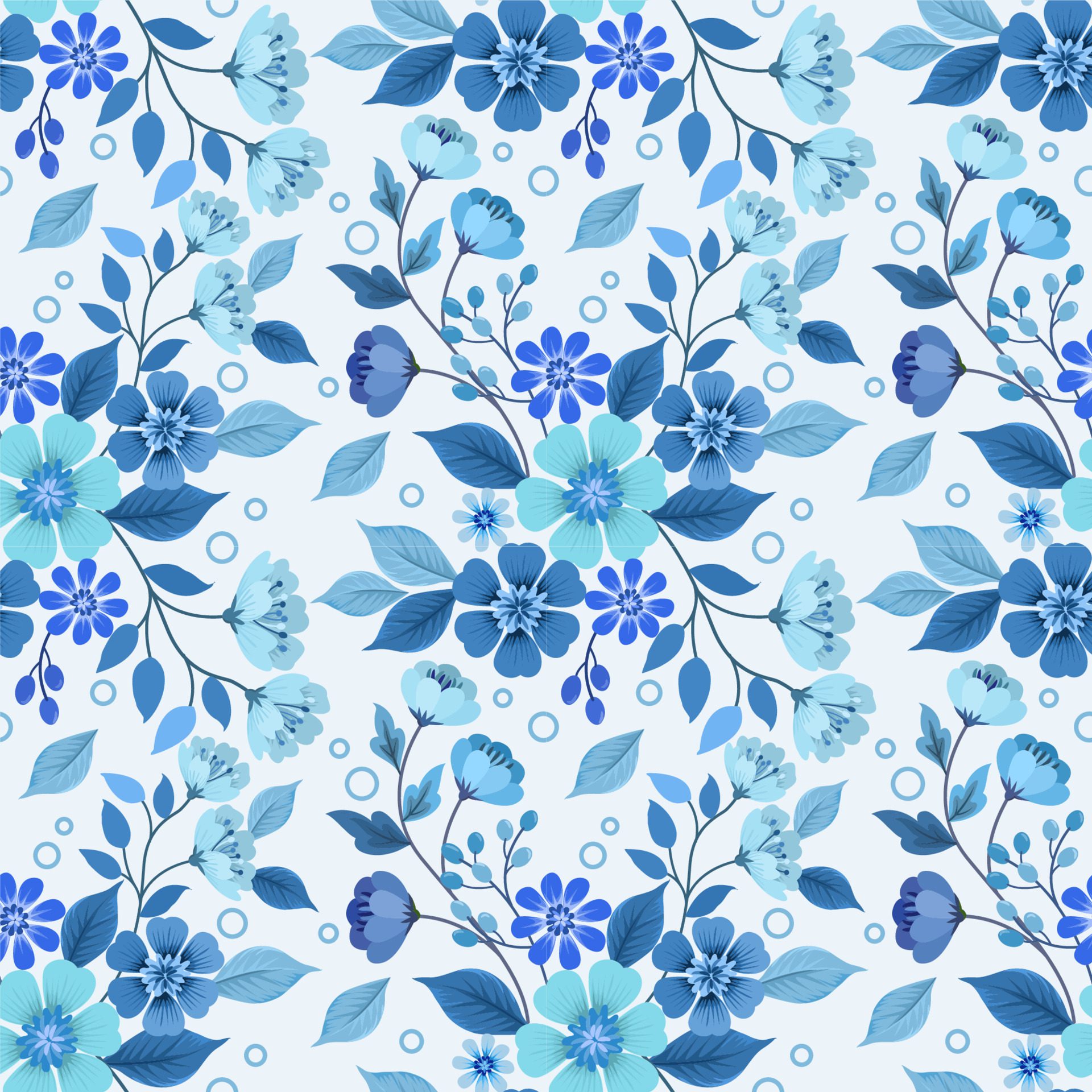 Blue monochrome flowers and leaf seamless pattern. Free Vector