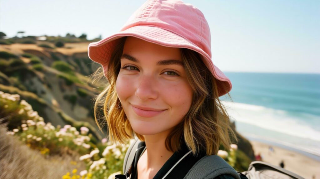 Smiling young woman enjoying a sunny beach day wearing a pink hat Free Photo