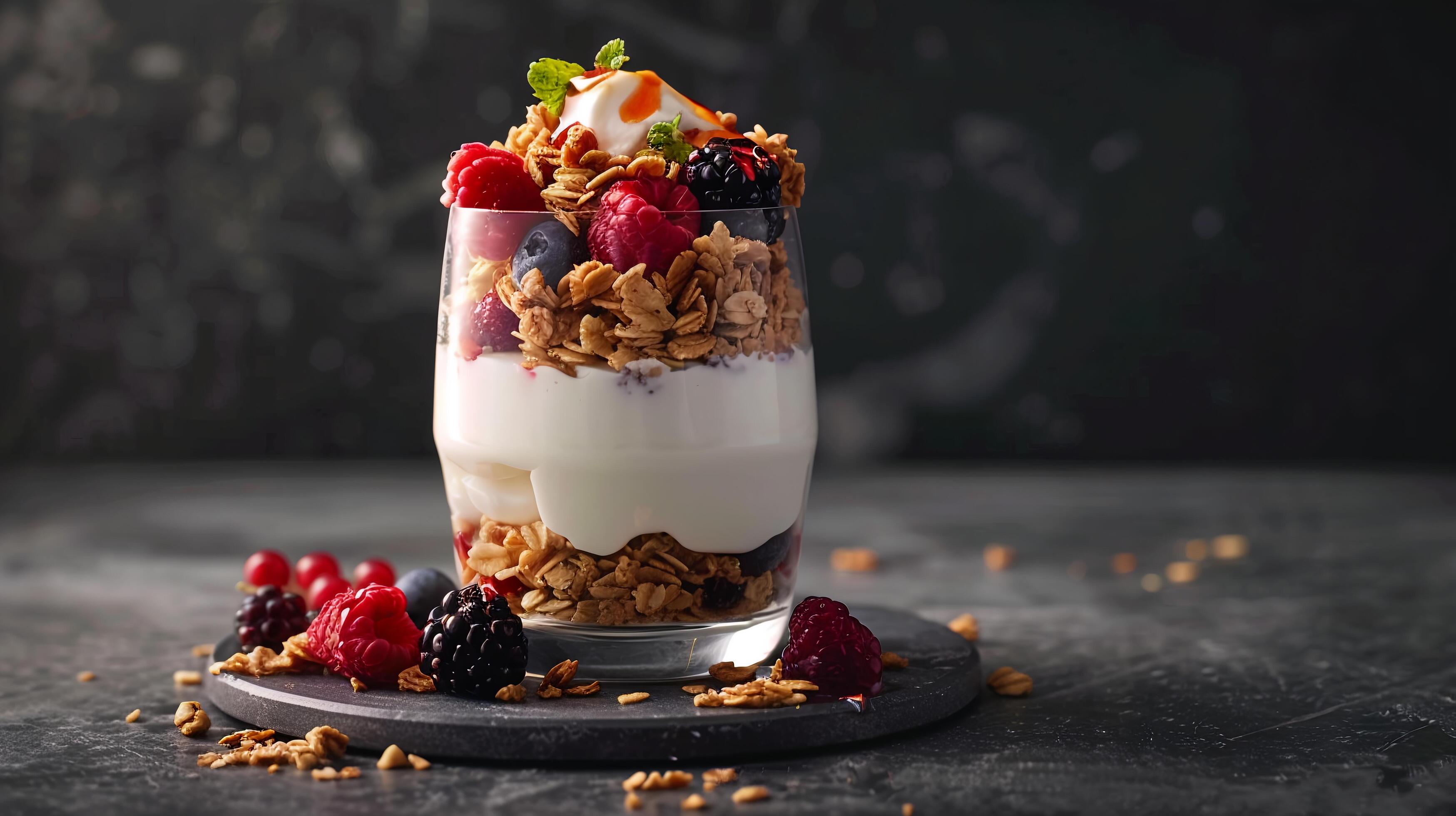 Greek yogurt parfait layered with granola, mixed berries, and a dollop of honey. Stock Free