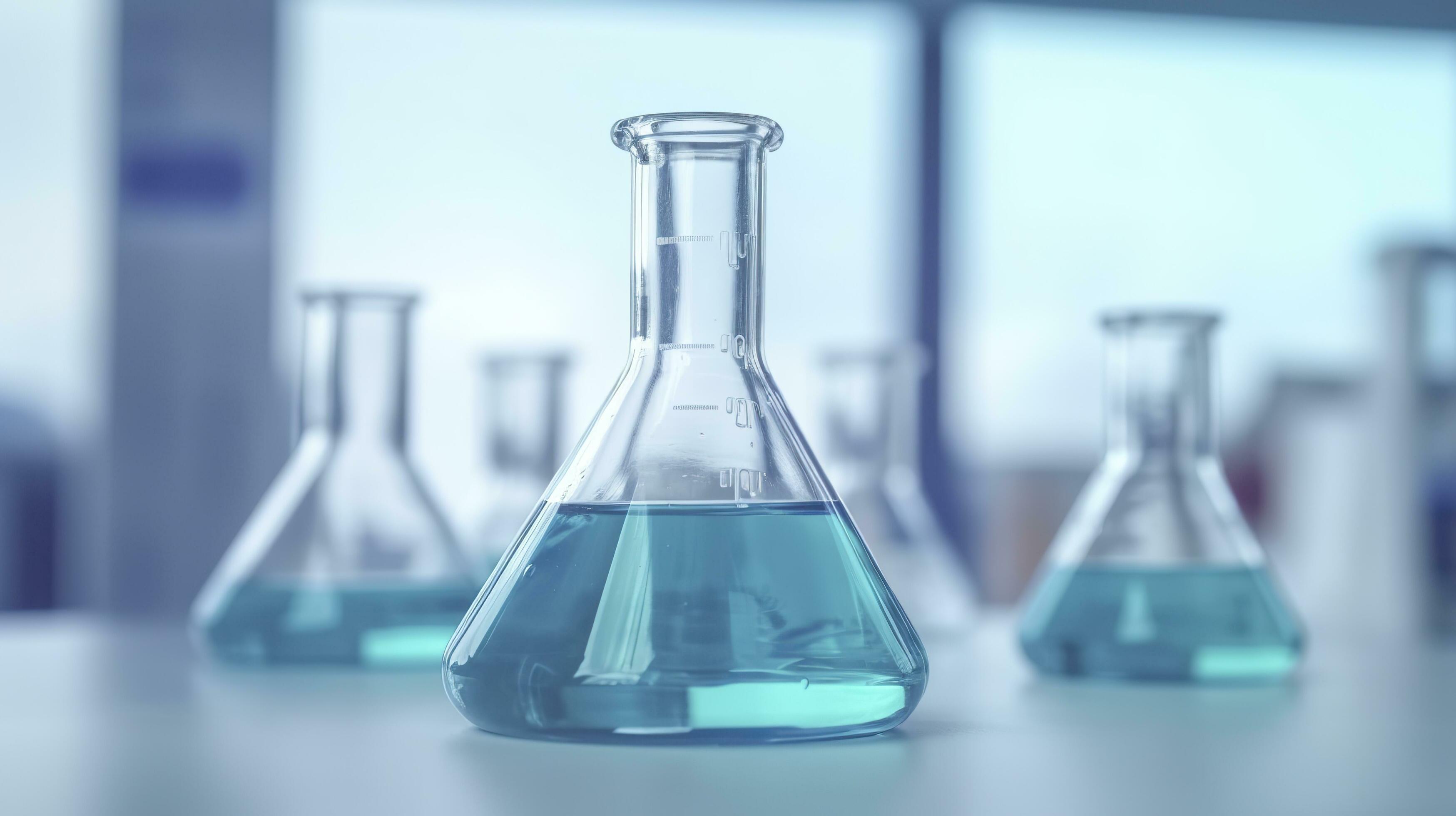 A Science Beaker in the laboratory on a table white and light blue background.. laboratory equipment out of focus. AI Generative Stock Free