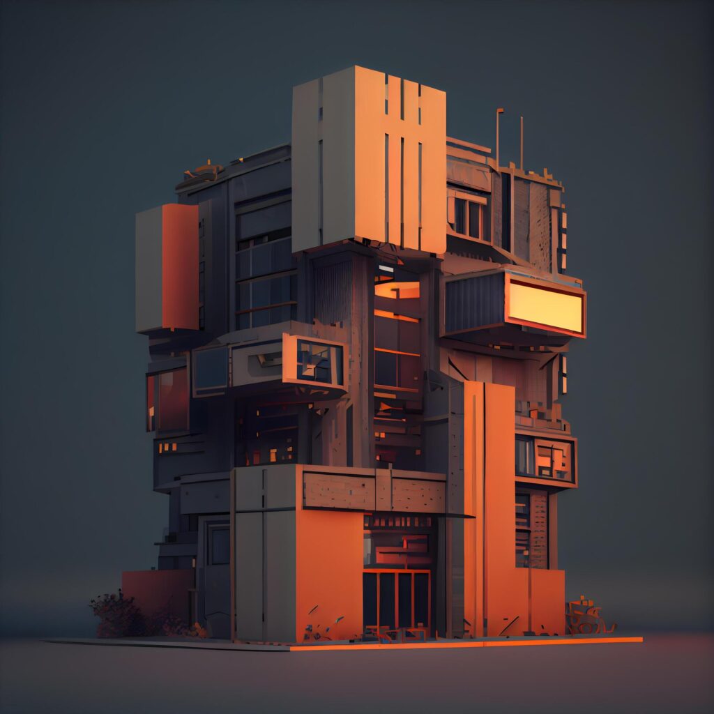 3D render of a futuristic building in orange and grey colors. Stock Free