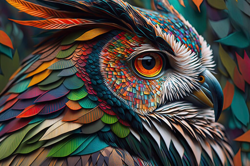 Abstract animal Owl portrait with colorful double exposure paint with . Stock Free