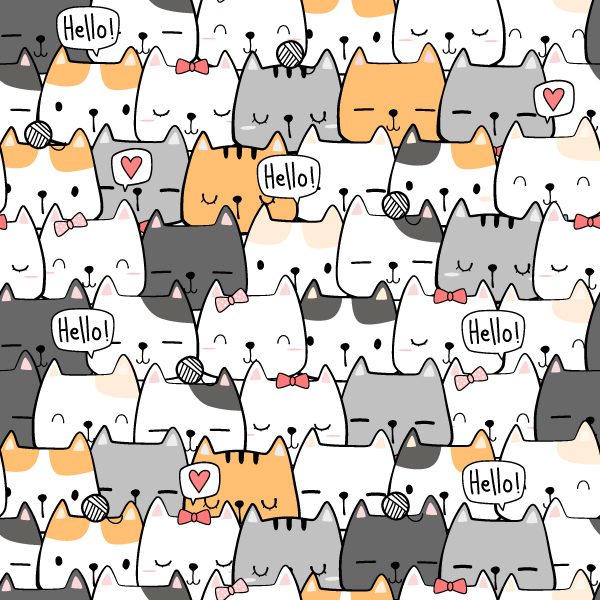 Cute Cat Cartoon Doodle Seamless Pattern Free Vector