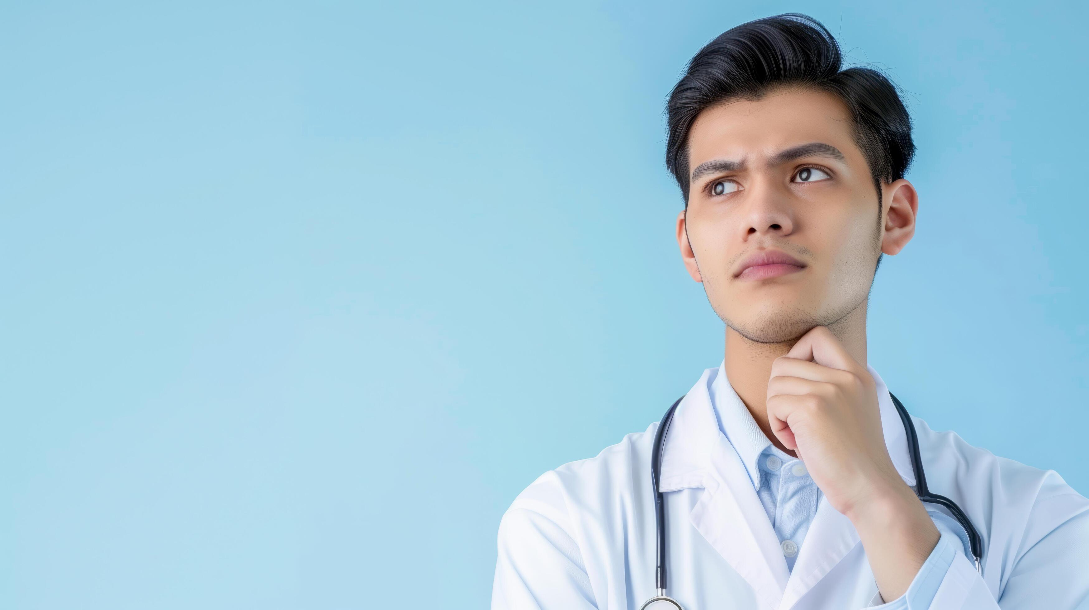 AI generated Doctor with stethoscope thinking, suitable for medical, healthcare, and science concepts, as well as doctor or scientist themes. Stock Free