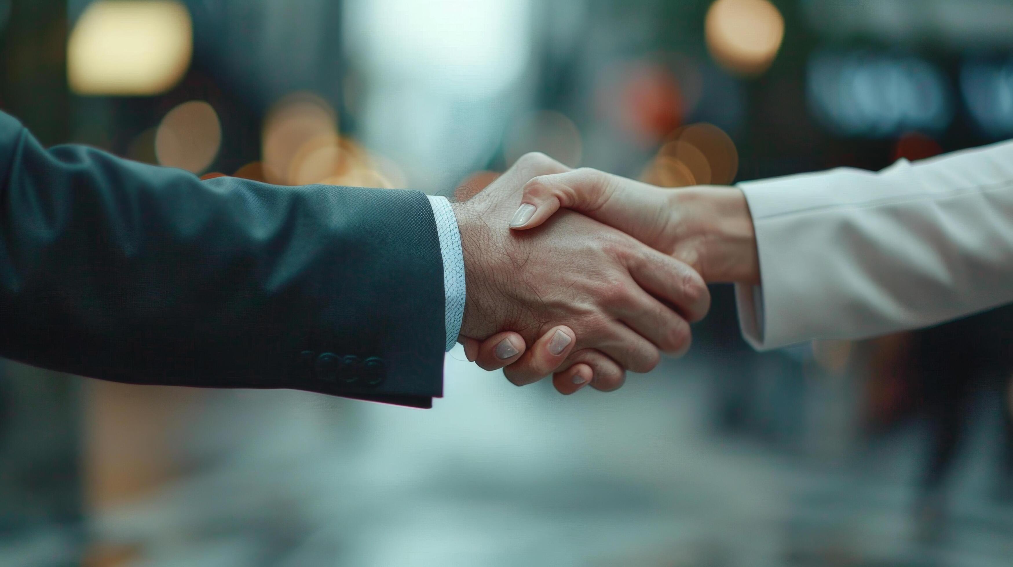 Close-up of a business handshake in an urban setting, symbolizing partnership, agreement, and success in the corporate world. Stock Free