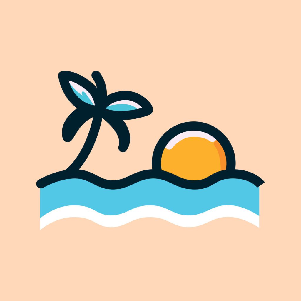 Summer sunset palm tree and beach wave icon illustration isolated background Free Vector