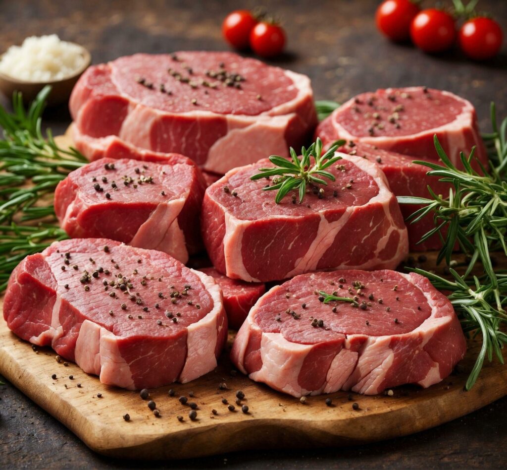 Raw beef steak with rosemary, salt, and pepper on a stone board. Free Photo