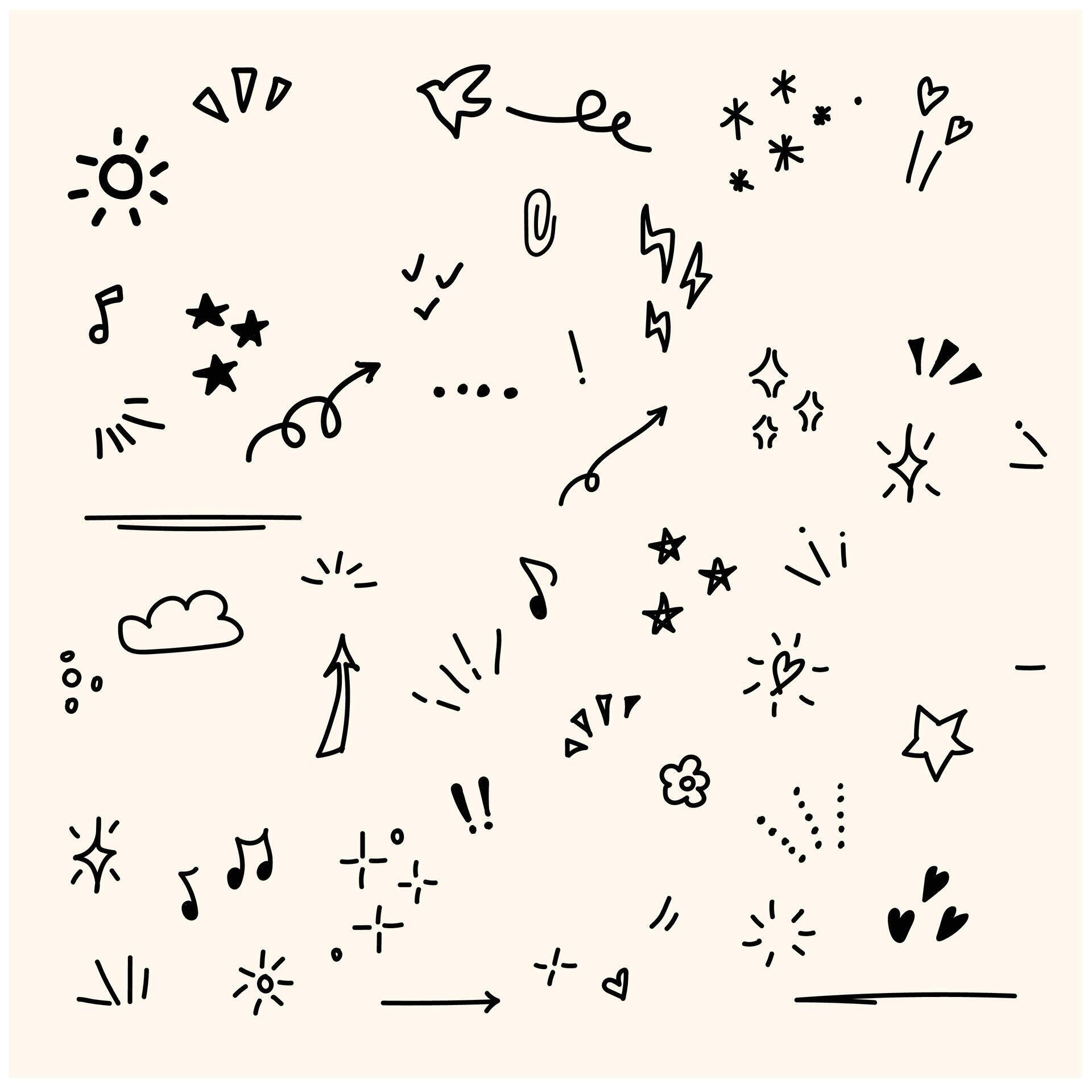 Doodle cute glitter pen line elements. Doodle heart, arrow, star, sparkle decoration symbol set icon. Illustration doodle and line art Stock Free