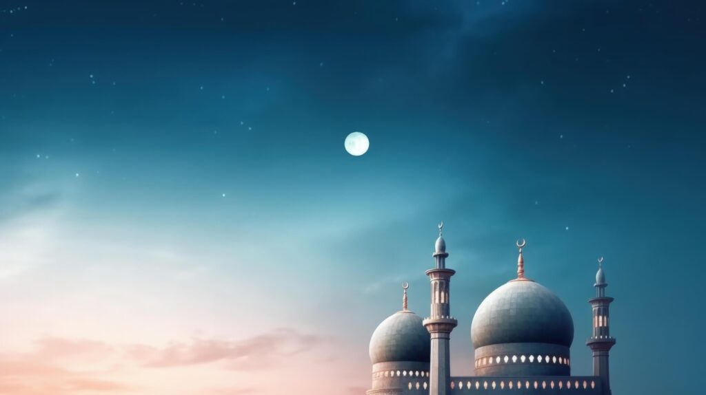 Mosques Dome on dark blue twilight sky and Crescent Moon on background Illustration Stock Free