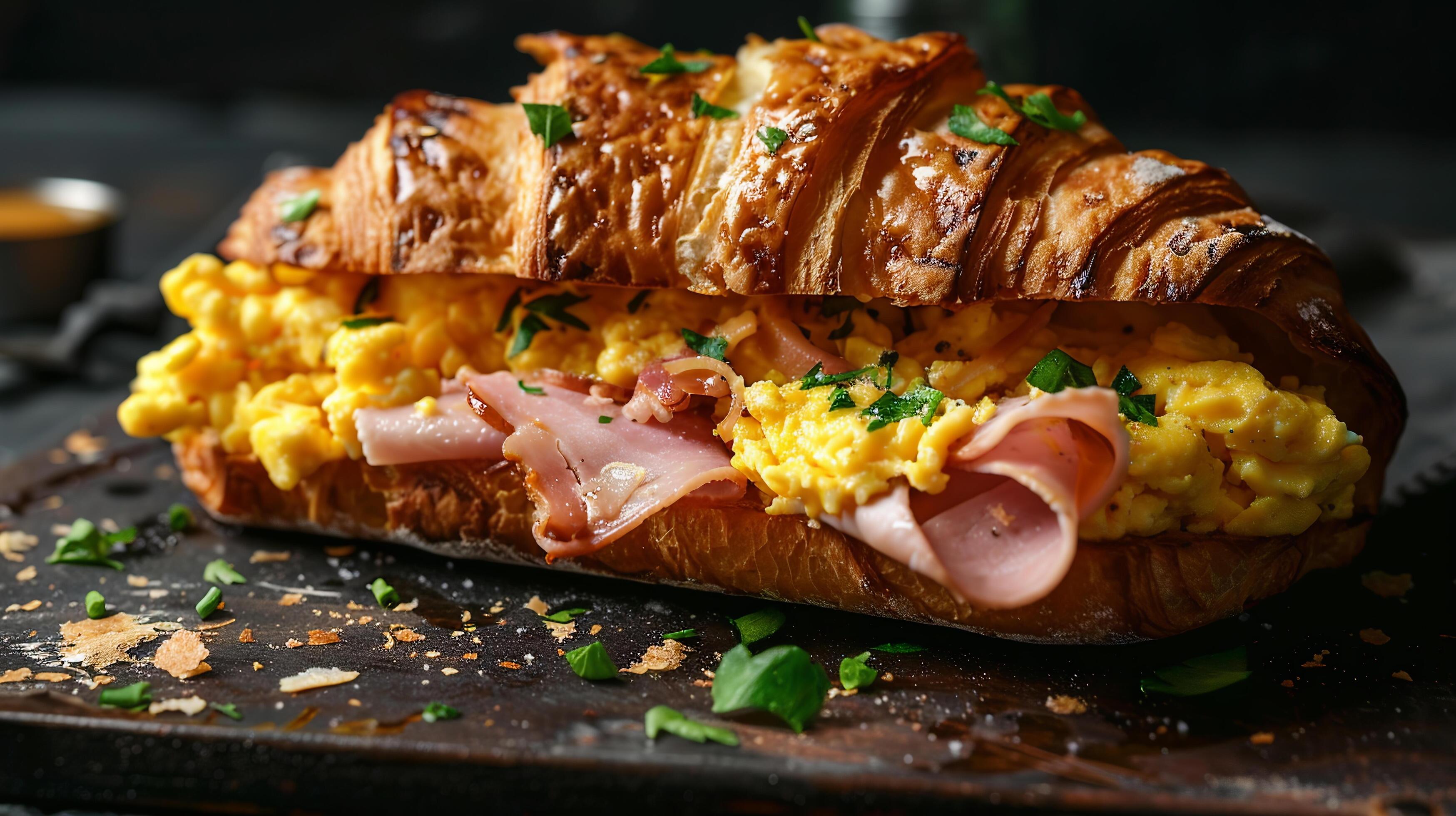 Croissant breakfast sandwich with scrambled eggs, ham, and Swiss cheese, served warm. Stock Free