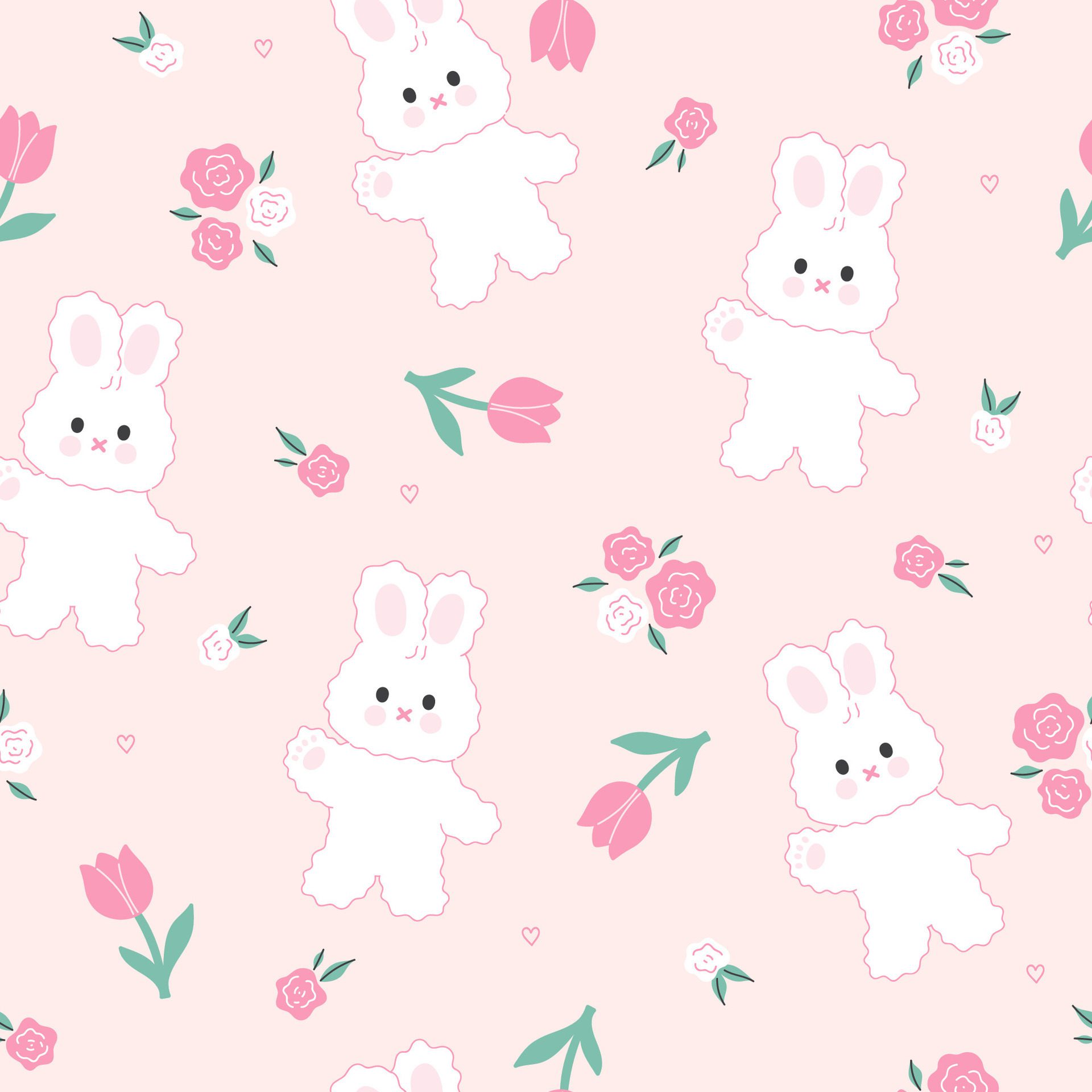 Seamless pattern with cute fluffy bunnies and flowers. graphics Free Vector