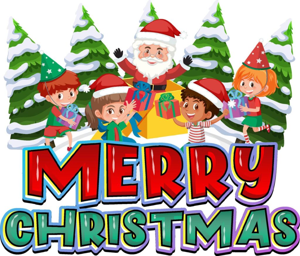 Merry Christmas logo design with happy children Stock Free