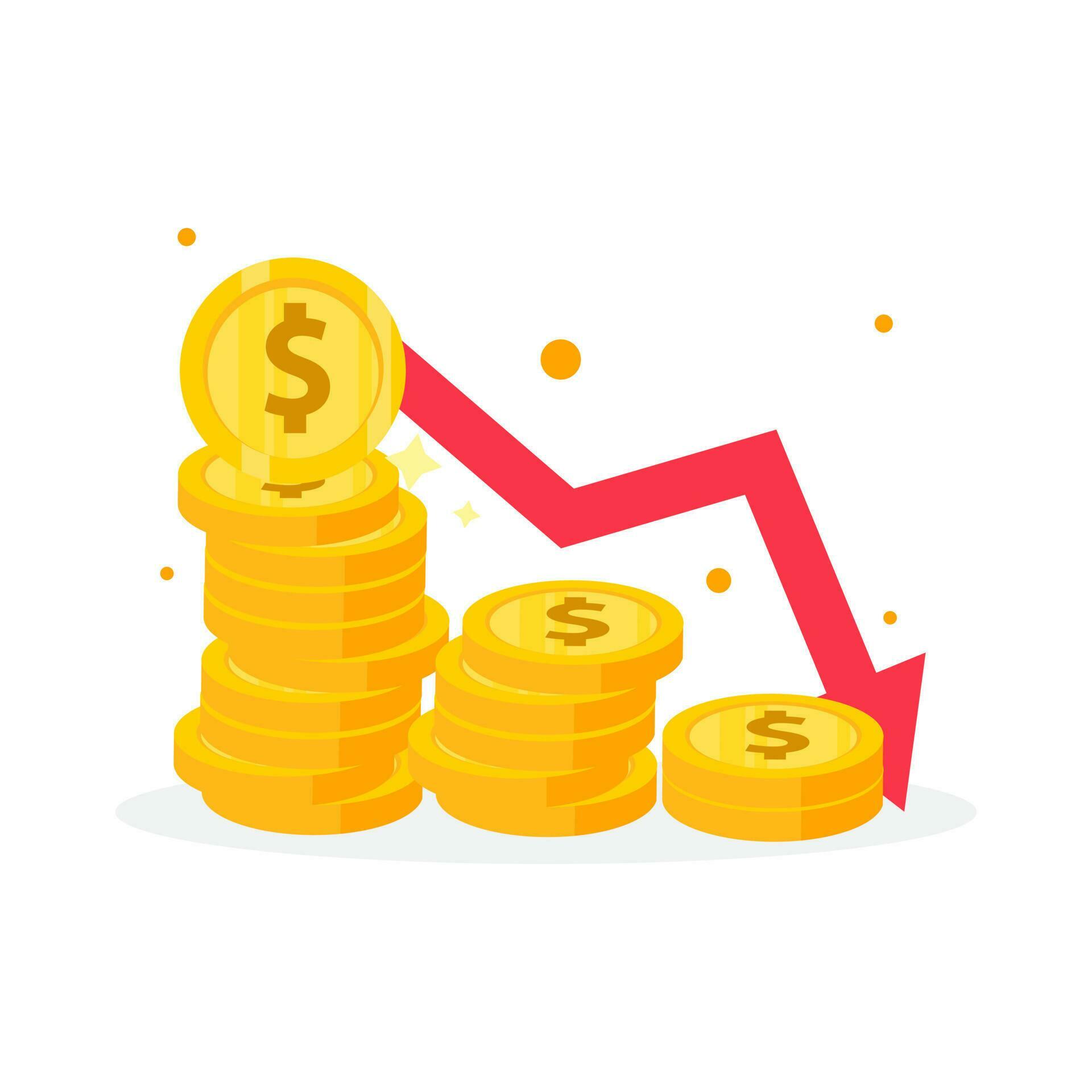 golden dollar coins stack and down arrow. Flat vector icon isolated on white. Economy, finance, money symbol. Currency pictogram. Vector illustration. decrease Stock Free