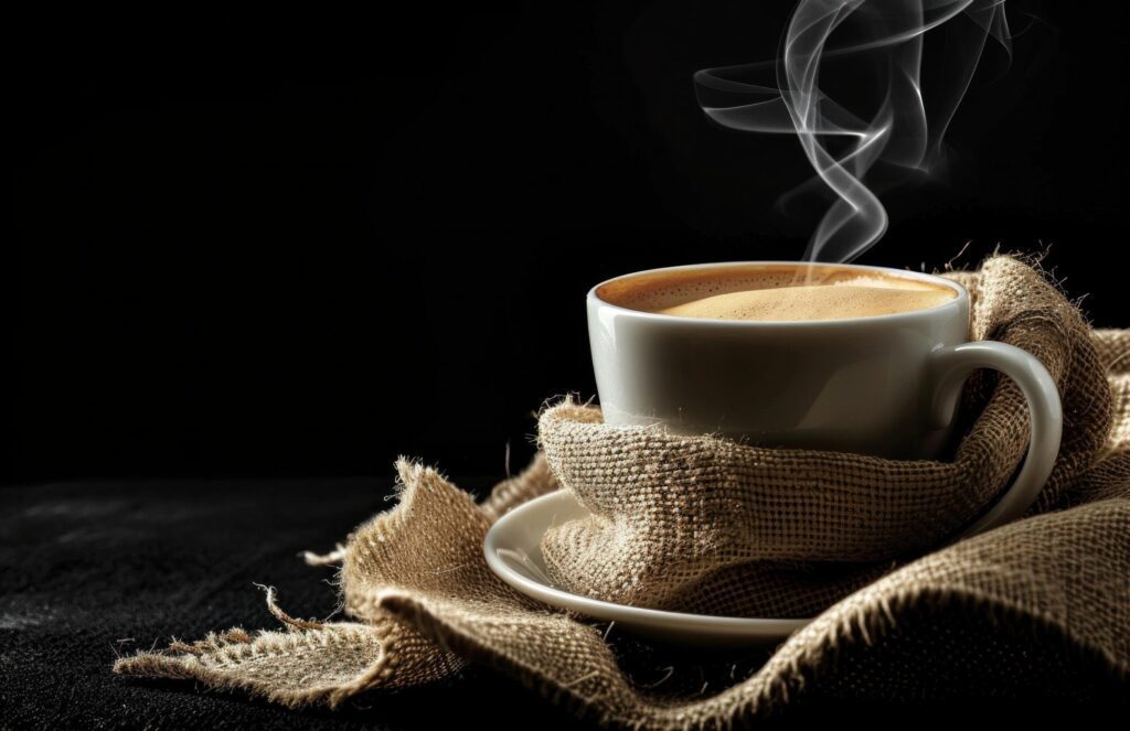 in a burlap bag, a cup of coffee, with steam coming from it Free Photo