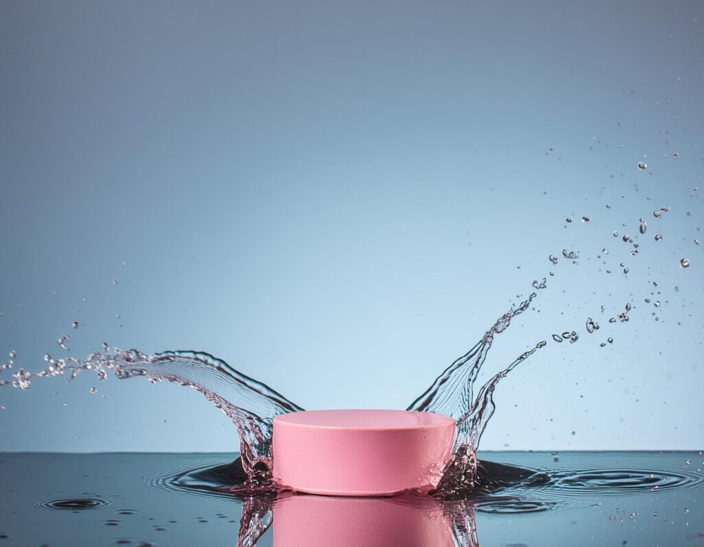 empty pink podium mockup with water splash on a blue gradient background for product display Stock Free