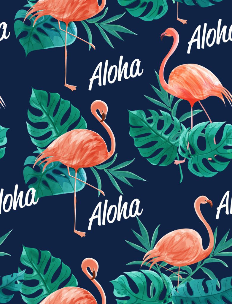 Watercolor Pattern of Flamingos, Leaves and Aloha text Free Vector