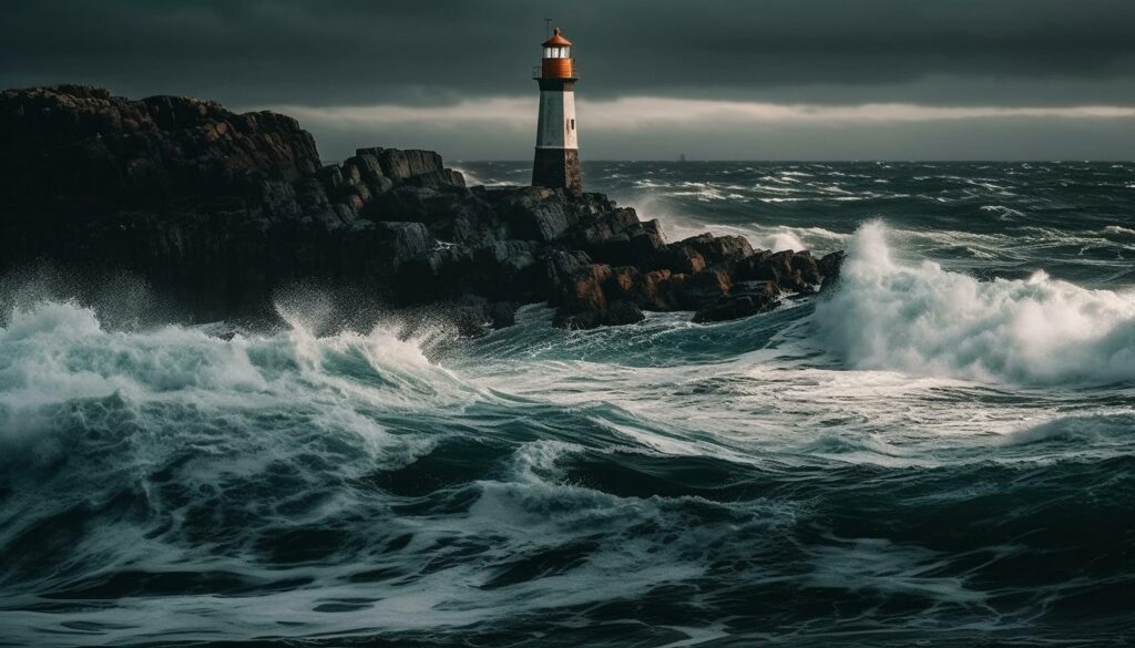 The beacon warning sign guides sailors through dangerous crashing waves generated by AI Stock Free