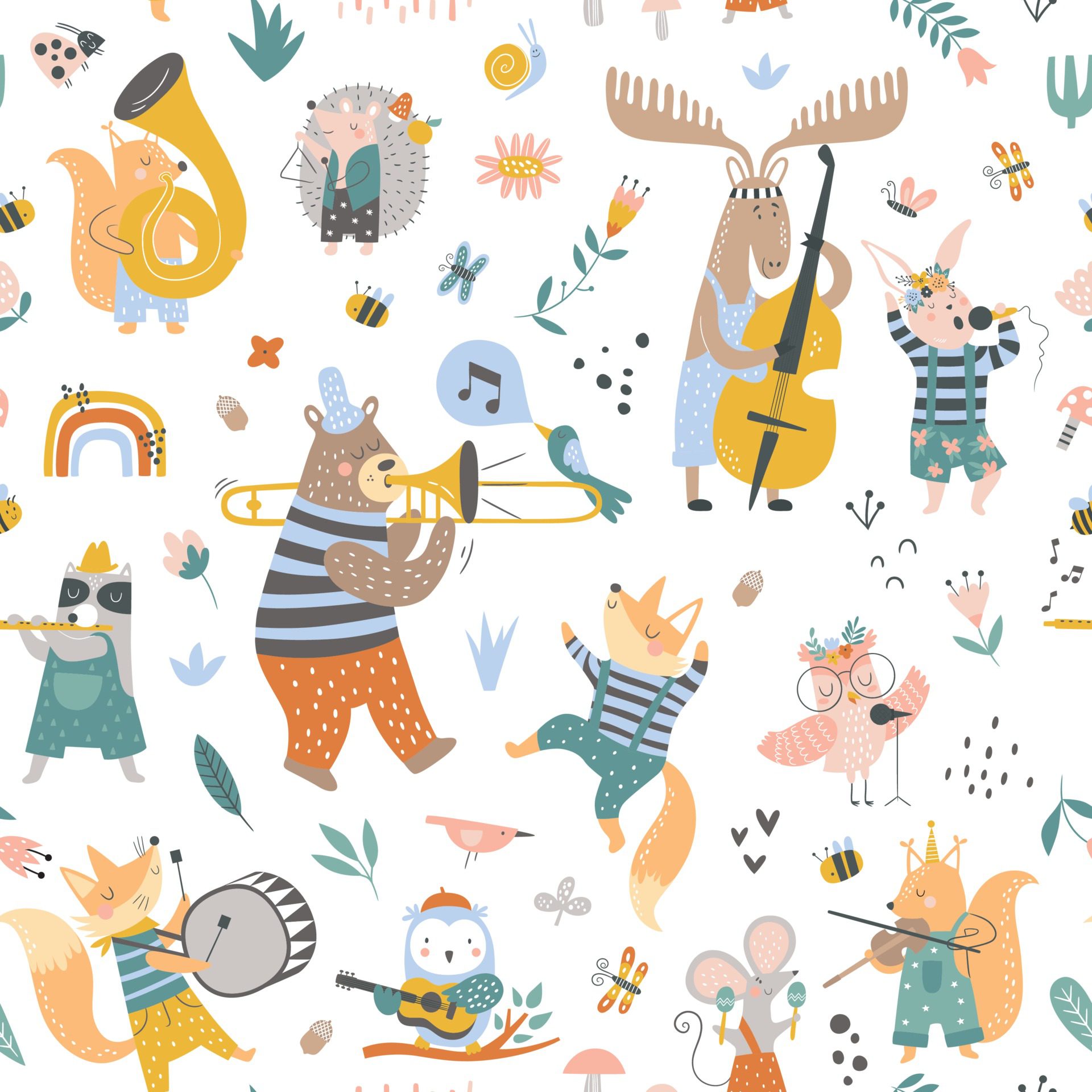 Vector pattern with cute animals playing on different instrument Free Vector