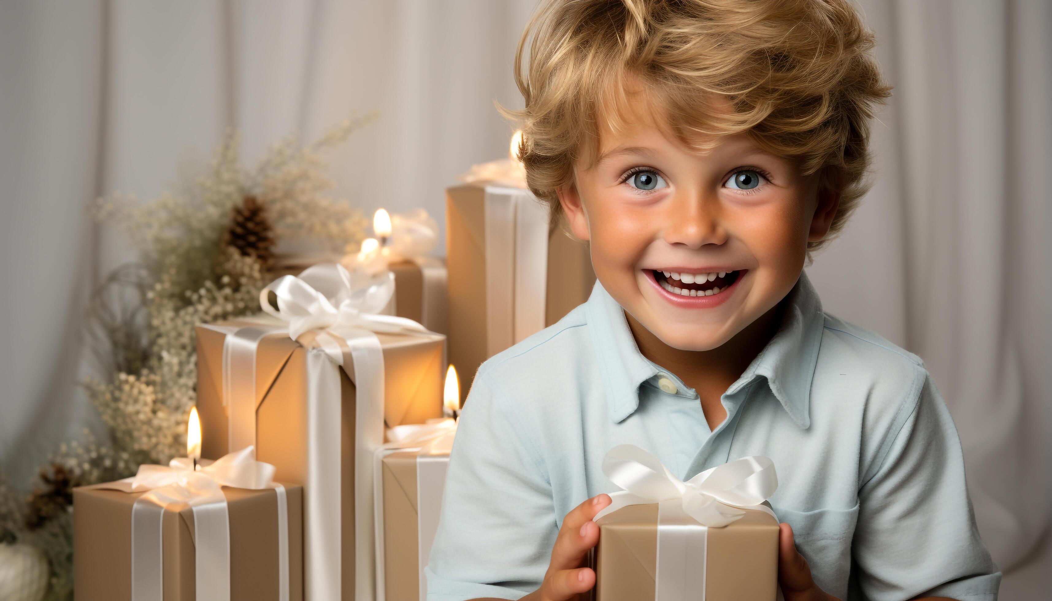 AI generated Smiling child holding gift, celebrating birthday with cheerful family generated by AI Stock Free