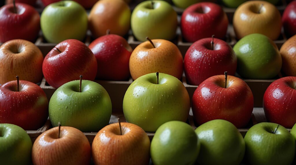 fake plastic apples, synthetically engineered in labs rather than grown from nature’s seeds background illustration. – Stock Free