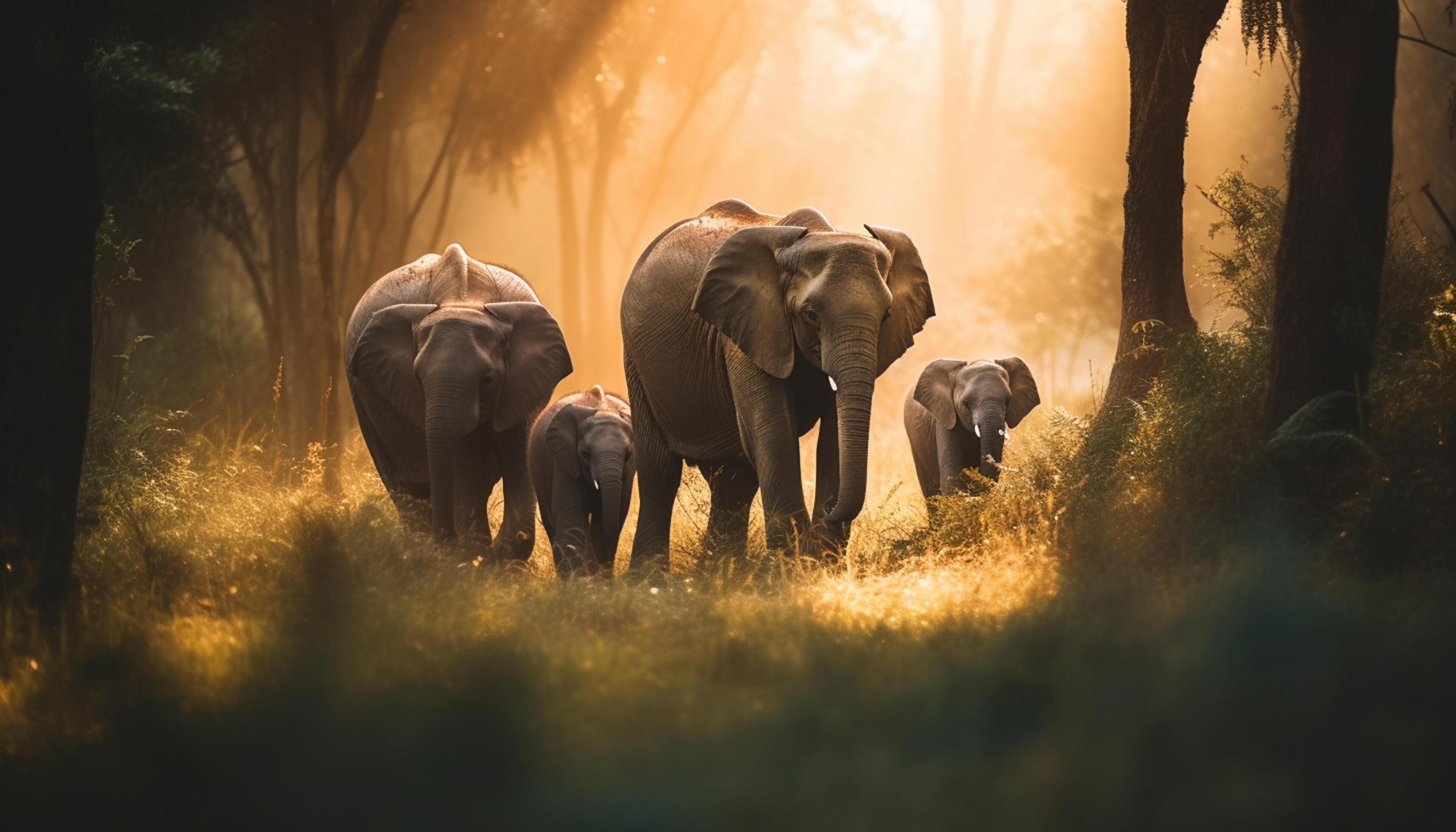 AI generated Elephant family walks through the African savannah at sunset generated by AI Stock Free