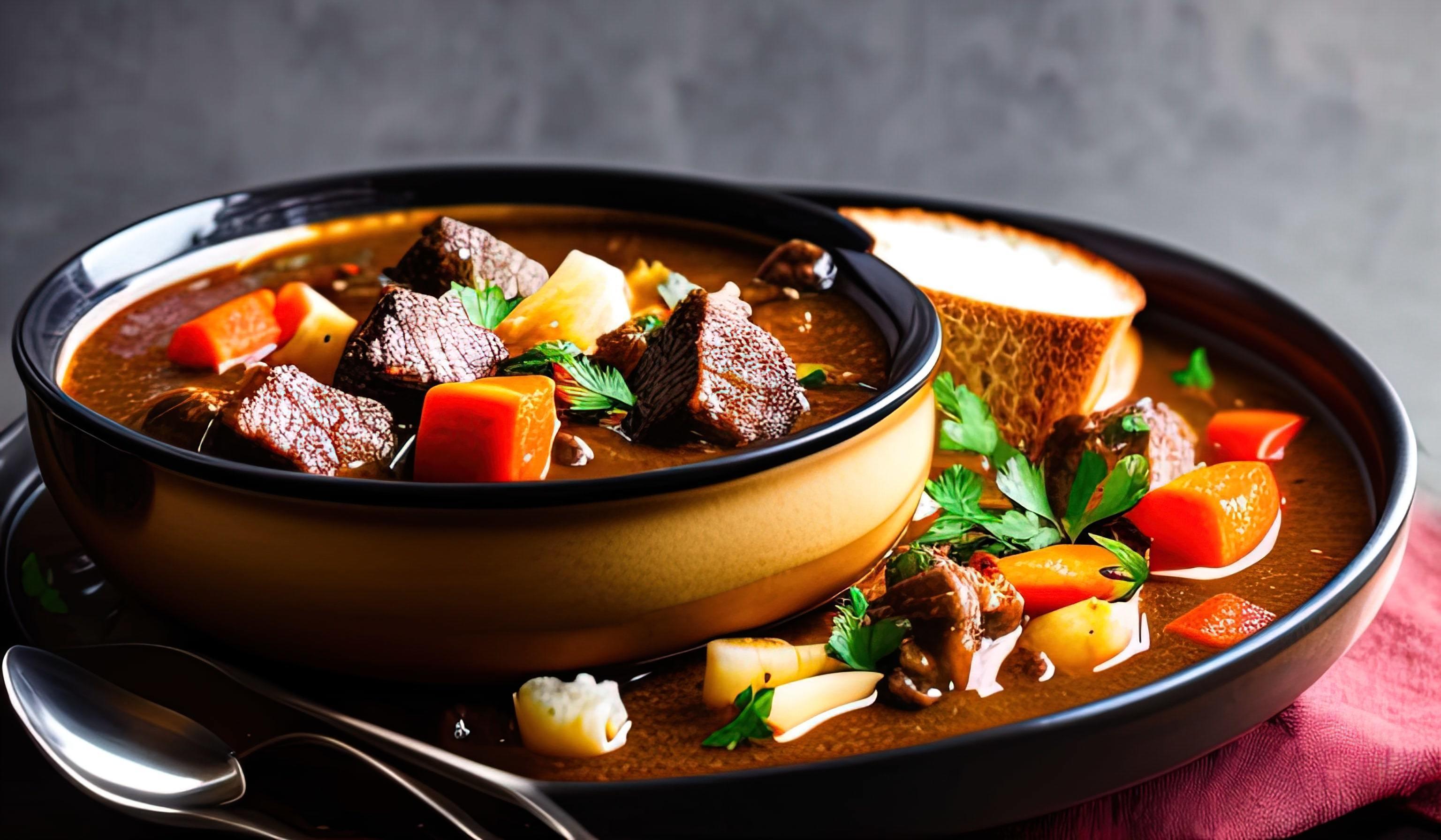 professional food photography close up of a a bowl of beef stew with bread on the side Stock Free