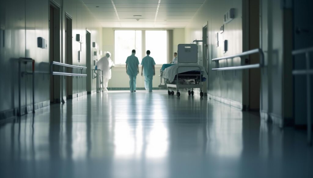 Businessmen and women walking through modern hospital corridor, reflecting professionalism Stock Free