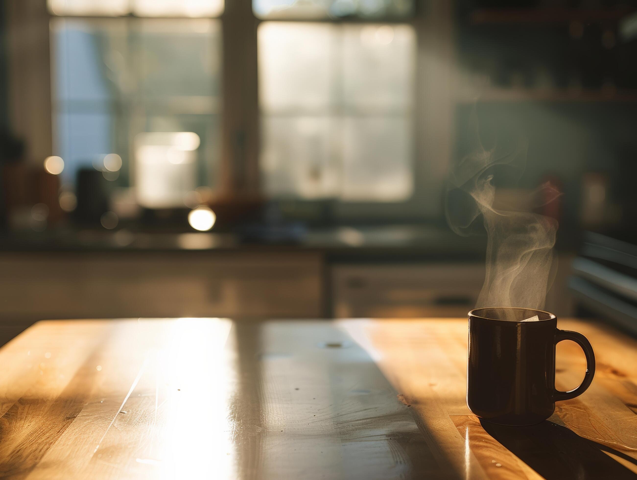 Sunlit kitchen featuring a wooden table with a coffee cup, natural light and cozy atmosphere, home and lifestyle concepts Stock Free