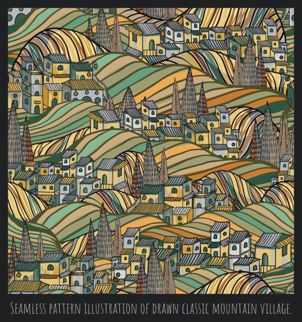 Seamless pattern illustration of drawn classic mountain village Free Vector