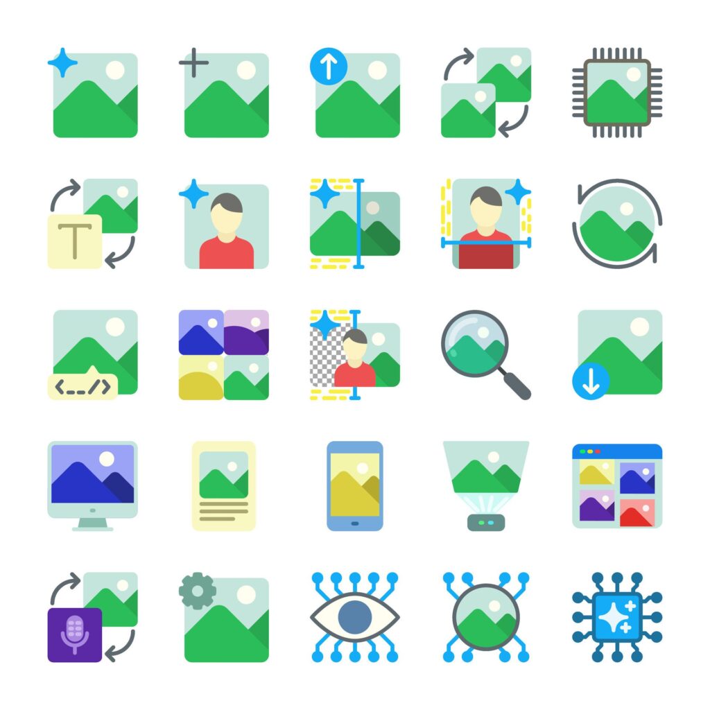 AI image generated icon collection in flat style for the development of artificial intelligence technology Free Vector