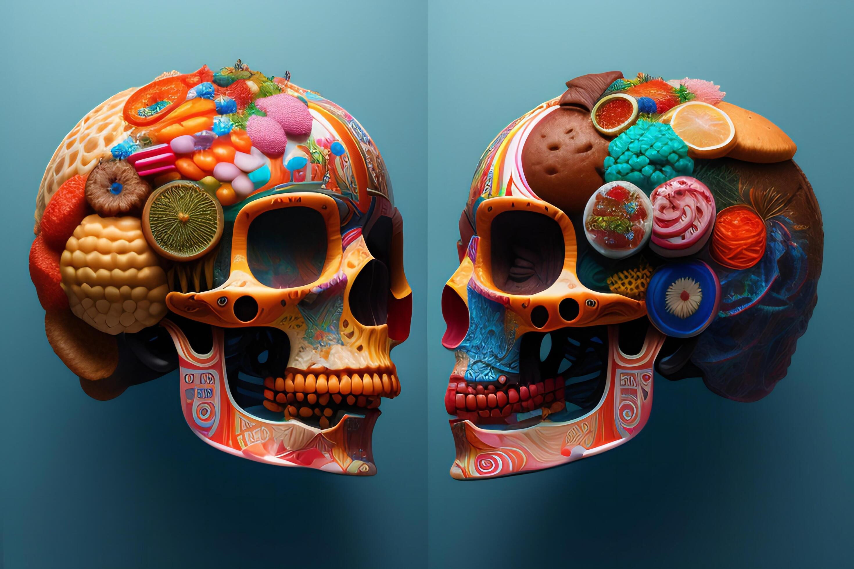 the anatomy of a zoombie head made of junk food. Stock Free