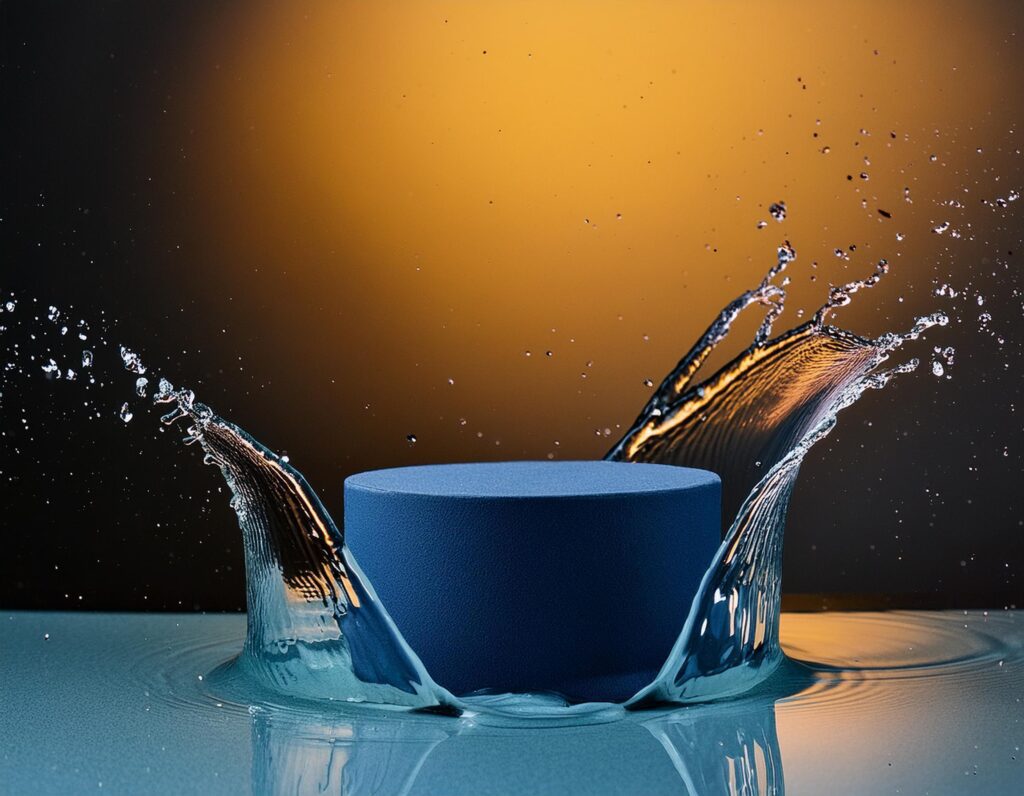 empty blue podium mockup with water splash on a gradient background for product display Stock Free