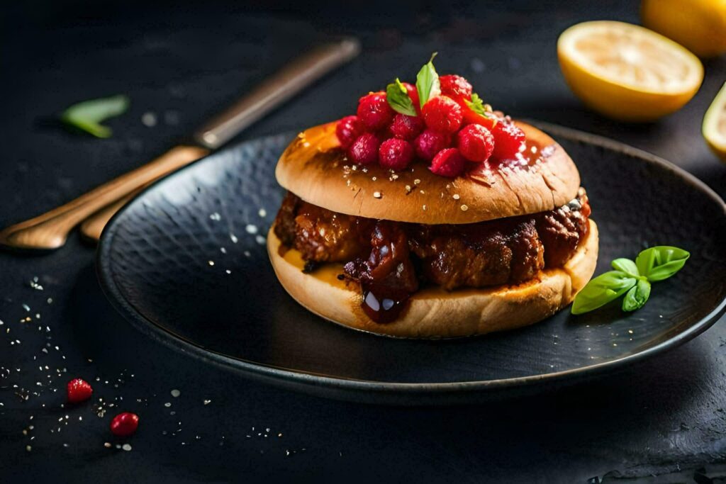 a hamburger with berries and lemon on a plate. AI-Generated Free Photo