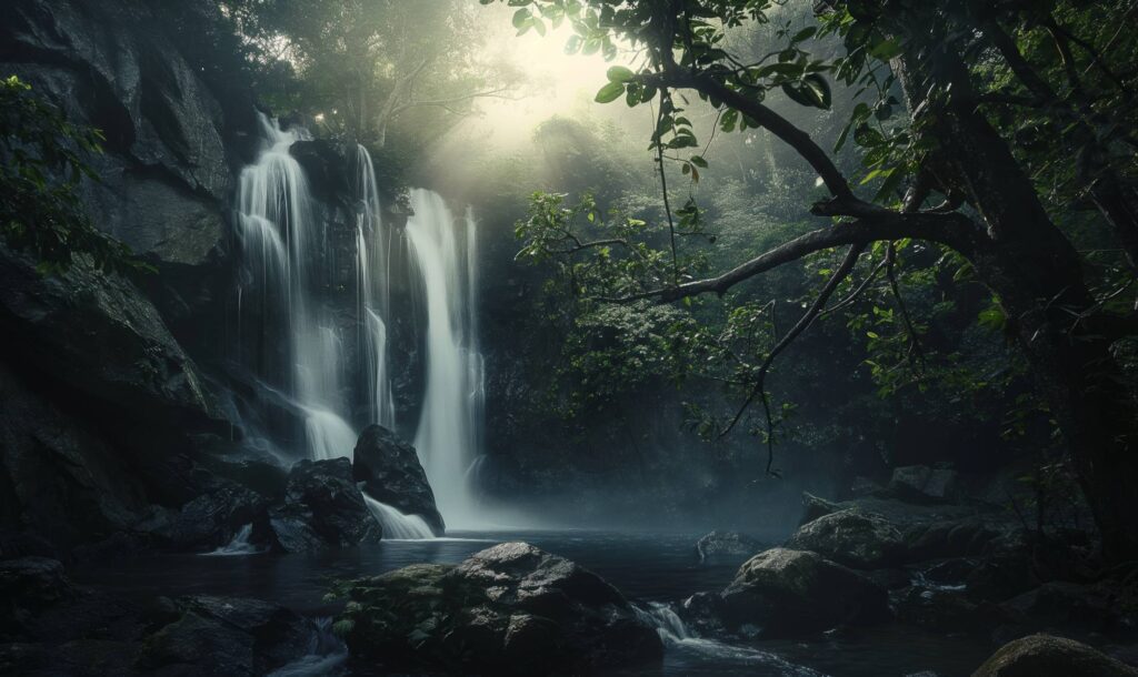 Waterfall in a Dark Forest Stock Free