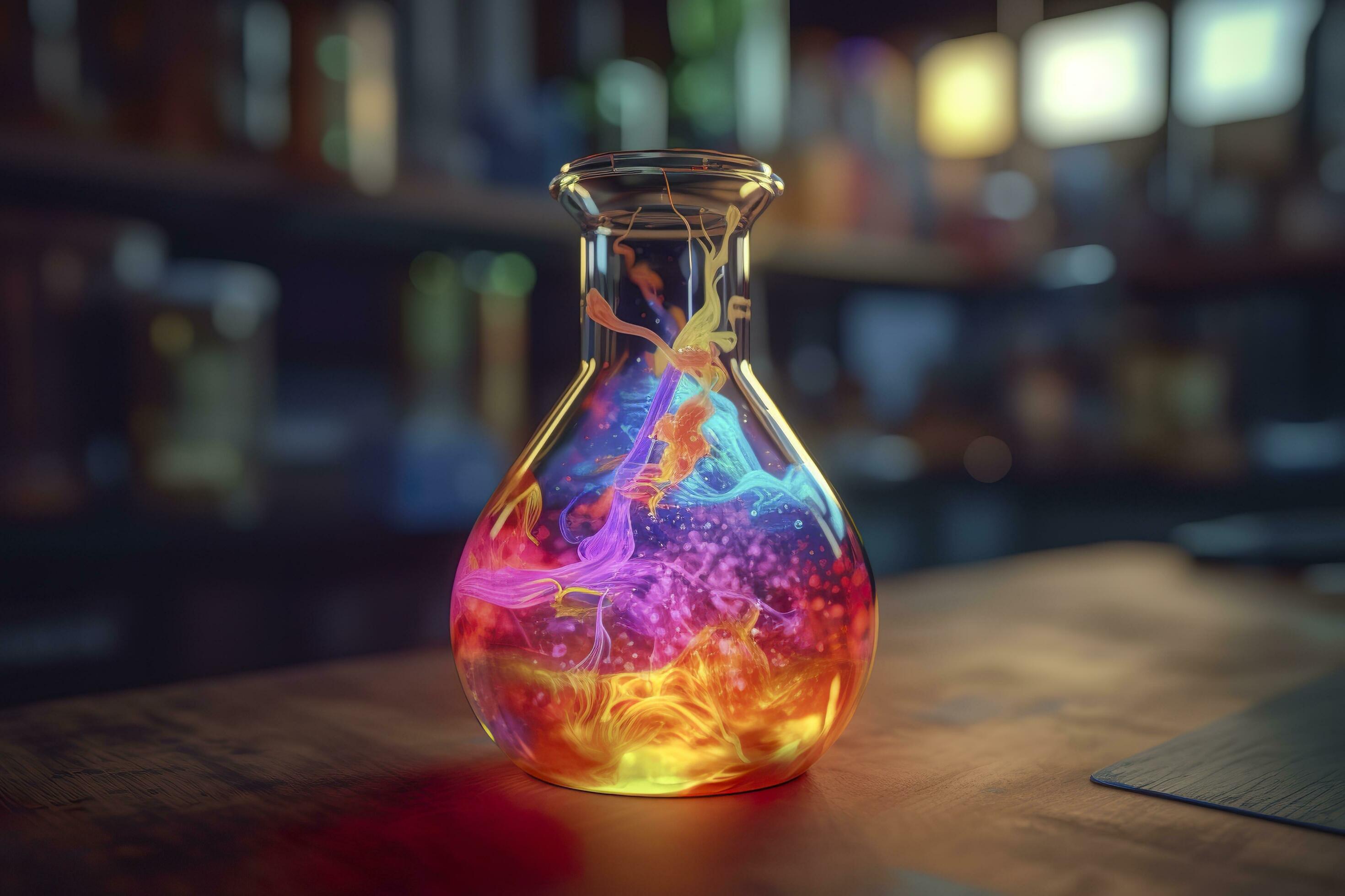 Close Up of a Science Beaker Filled with Multi Colored Liquids. AI Generative Stock Free