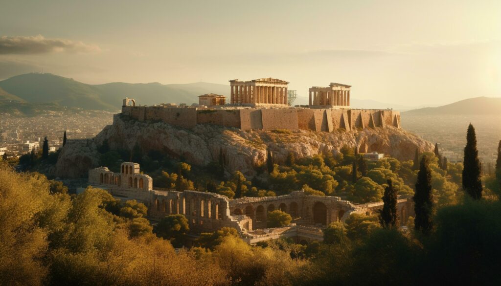 Ancient ruins with sunsetin nature generated by AI Stock Free