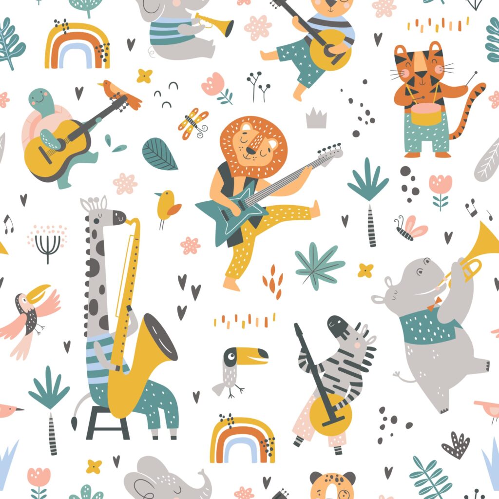 childish pattern with cartoon jungle animals and different instruments Free Vector