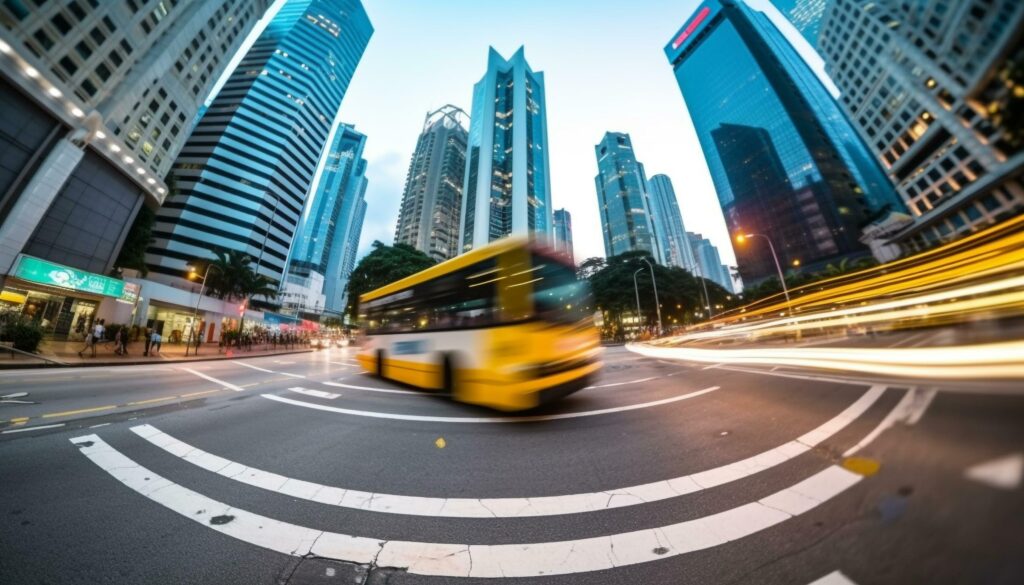 Blurred motion of cars on busy urban road at dusk generated by AI Stock Free