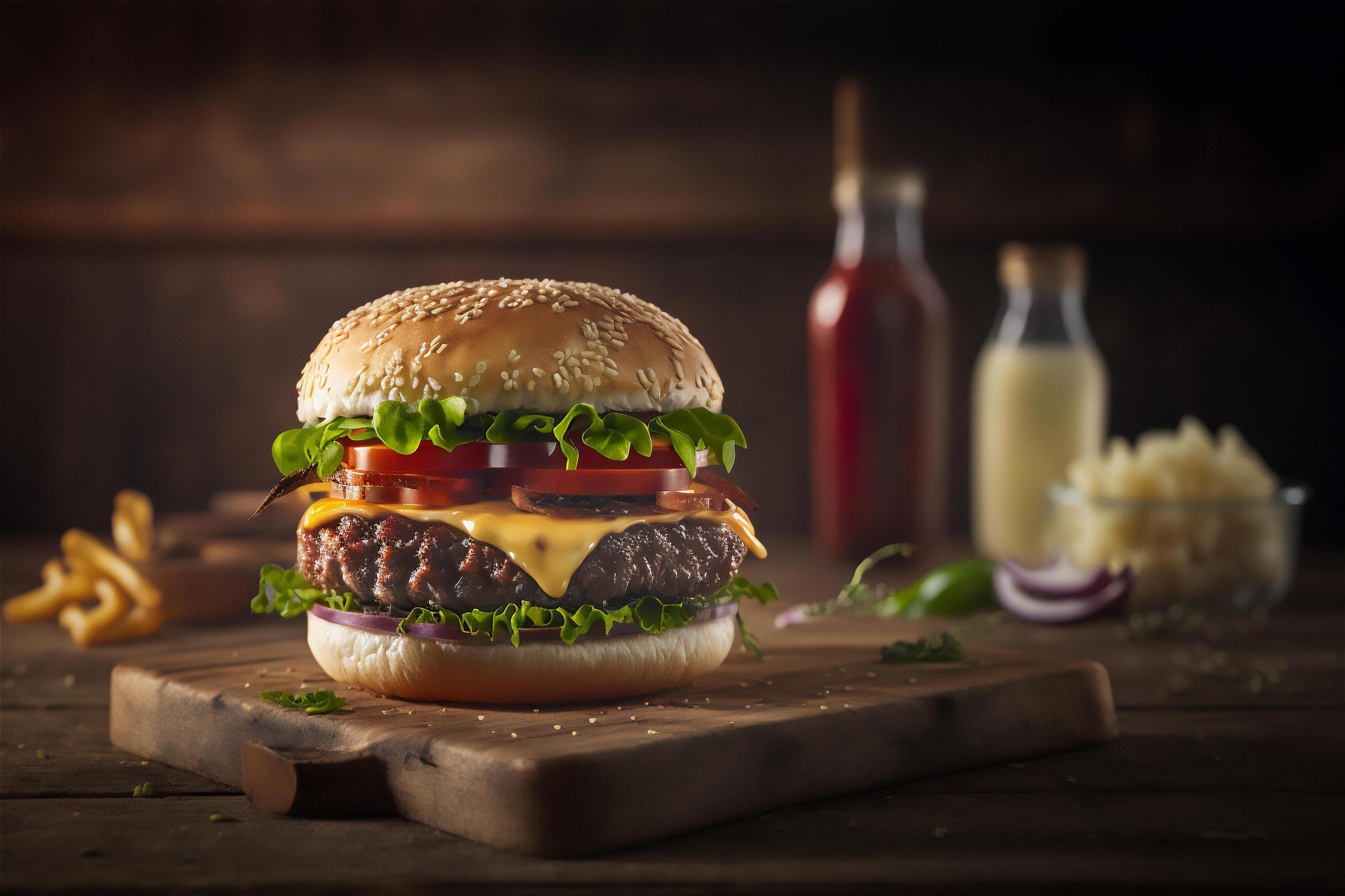 Tasty homemade hamburger on rustic wooden table. Copy space. Advertising. . Fast food snack Stock Free