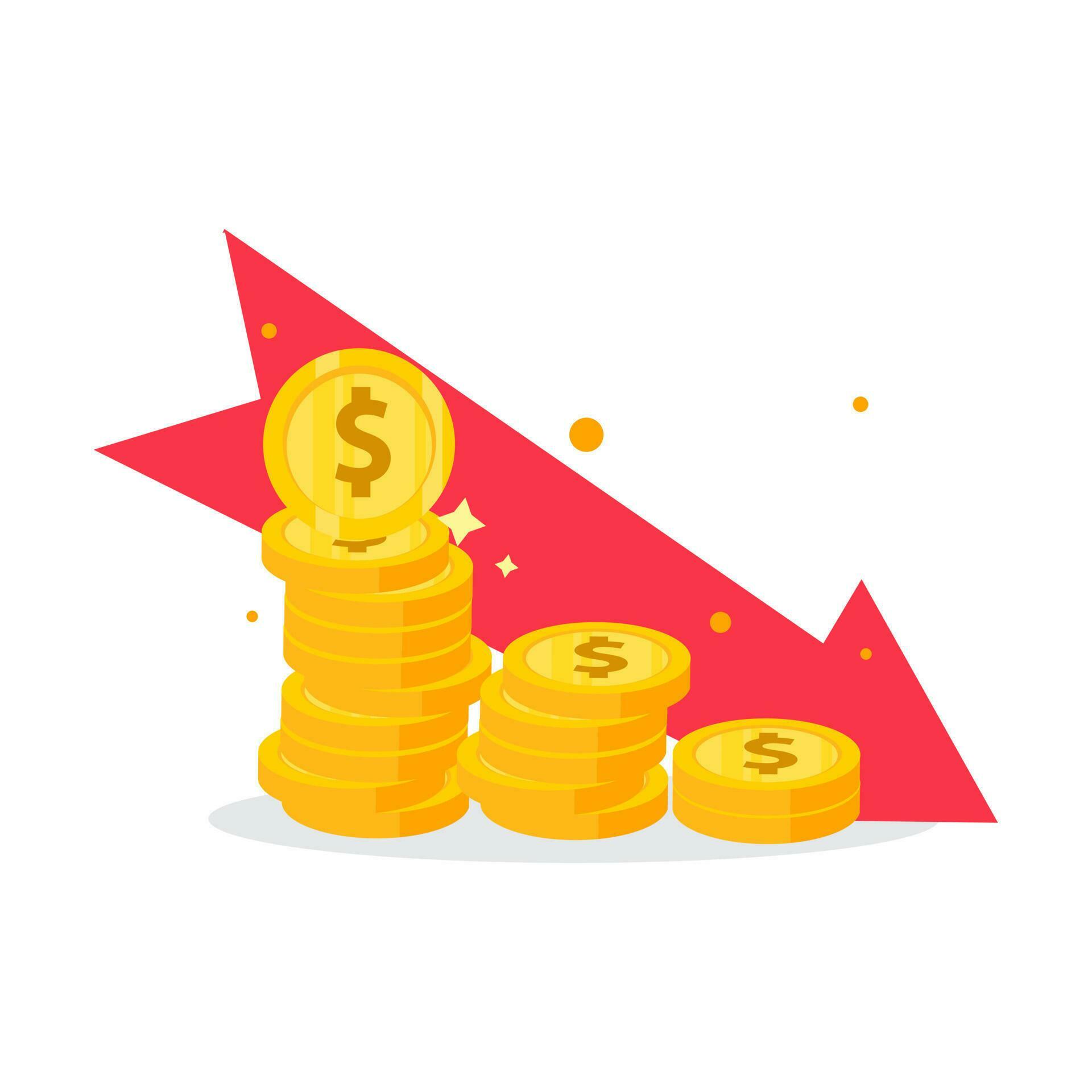 golden dollar coins stack and down arrow. Flat vector icon isolated on white. Economy, finance, money symbol. Currency pictogram. Vector illustration. decrease Stock Free